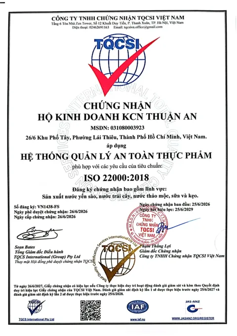 Giấy chứng nhận ISO 22000:2018 của nhà máy