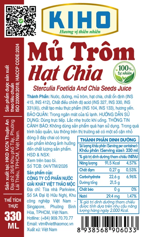 Nhãn chính thức Nước Mủ Trôm Hạt Chia — hồ sơ tự công bố số 04/VTM/2026